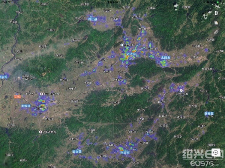 浙江省人口分布最密集区域的热力感应地图