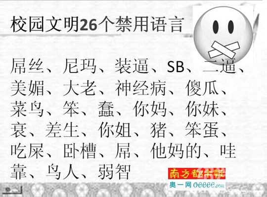 处公布的校园文明规范用语,包括26个禁用语言,5个不当语和6个必用语