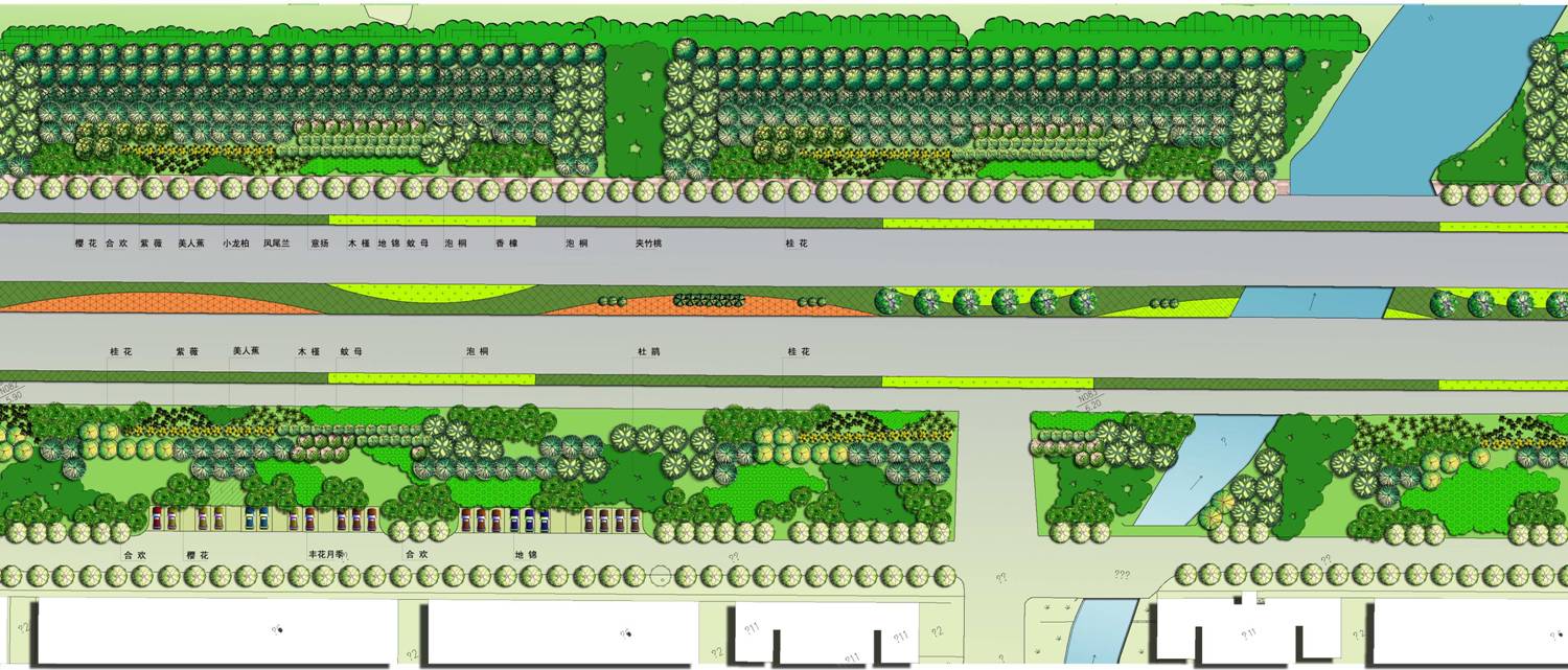 郊外公园的道路绿化手绘图